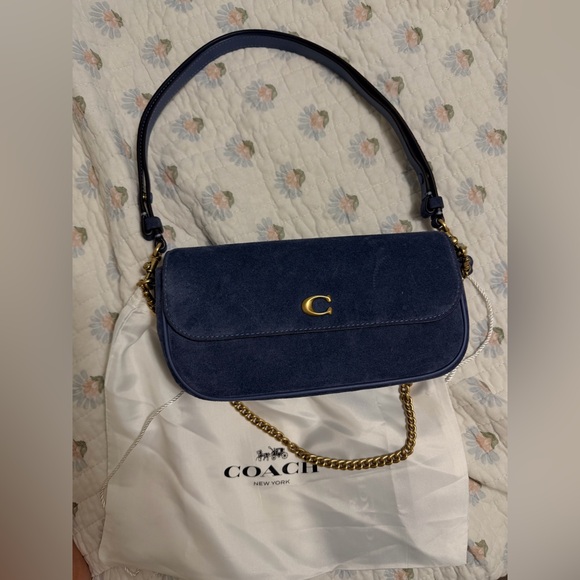 Coach Handbags - Coach Navy Suede Shoulder Bag with Gold Hardware with dust bag and receipt